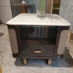 Curved Marble-Top SideTable with Woven Leather Sides, Open Shelf and Single Drawer